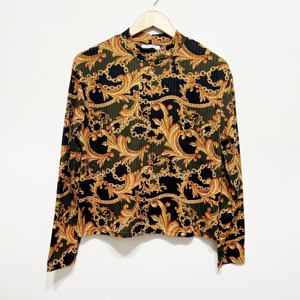 Zara baroque mock neck long sleeve shirt Size Medium